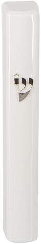 White Plastic Mezuzah Case with Silver Shin