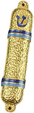 Judaica Hammered Metal Mezuzah Case Gold Blue