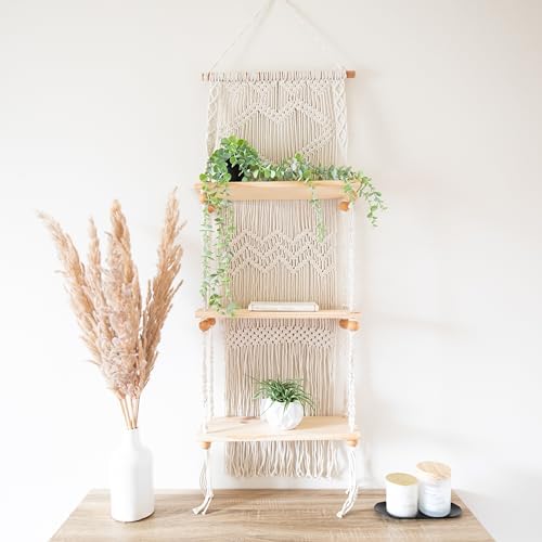 SnugLife 3 Tier Macrame Wall Shelf - Floating Plant Hanger with Pine Wood