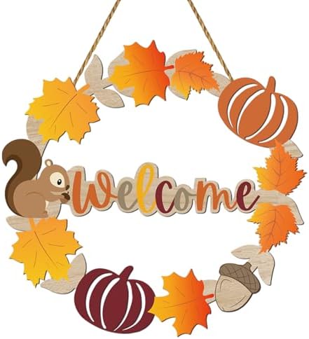 Fall Door Decor Wooden Wreath with Welcome Sign