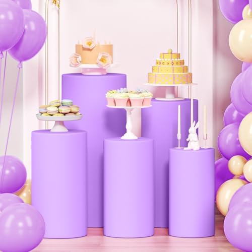 LEBENGURU 5Pcs Cylinder Pedestal Covers Purple Round Spandex