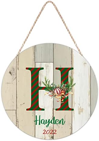 Custom Name Initial Farmhouse Door Hanger with Green Red Stripes