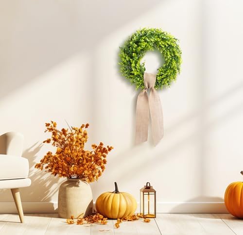 20 Inch Boxwood Wreath with Burlap Ribbon 1