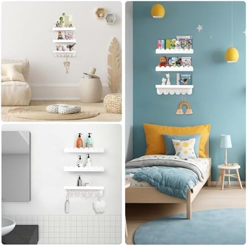 Floating Nursery Book Shelves with Hooks Set of 3 White