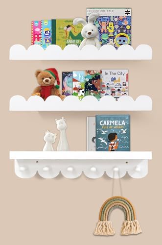 Floating Nursery Book Shelves with Hooks Set of 3 White