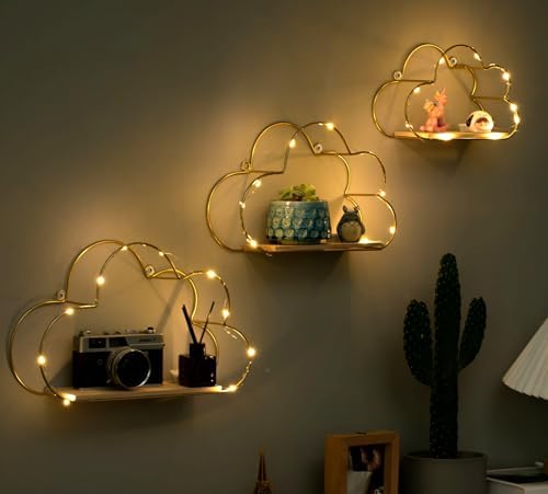 Golden Cloud Floating Shelves with LED Lights Set of 3