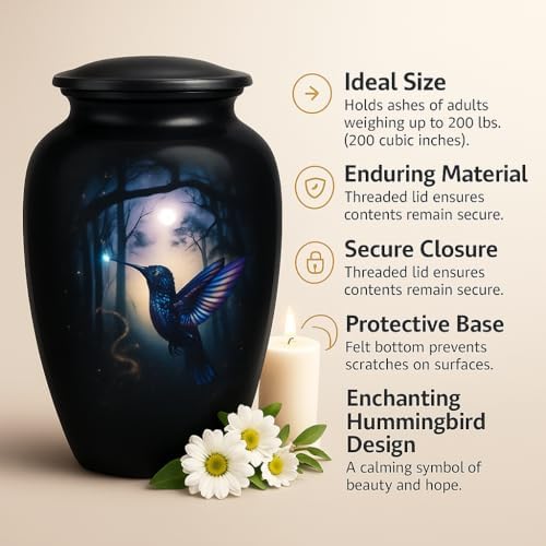Premium Purple Aluminum Cremation Urn with Hummingbird Design 200 lbs