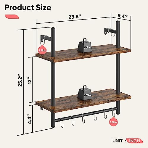 Bestier 24 Inch Floating Kitchen Shelves 2 Tier with 8 Hooks