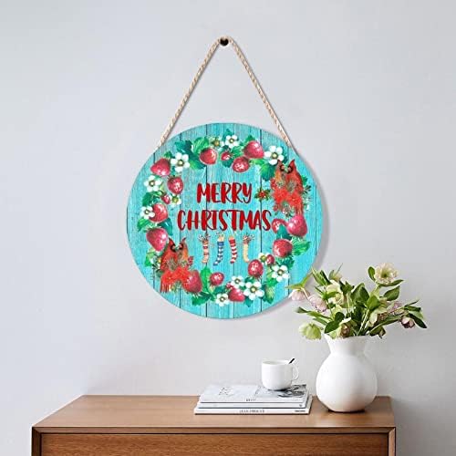 Farmhouse Front Door Hanger Red Birds Holly Wreath Christmas Wood Sign