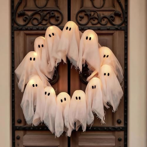 Lit Ghosts Wreath Halloween Decor Front Door