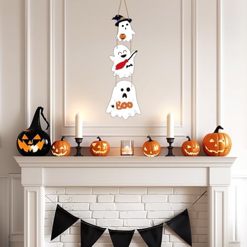 Cute Halloween Wreath with 3 Ghost Plaques Door Decor