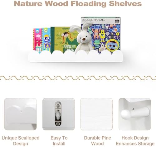 Floating Nursery Book Shelves with Hooks Set of 3 White