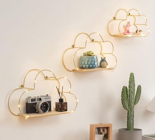 Golden Cloud Floating Shelves with LED Lights Set of 3