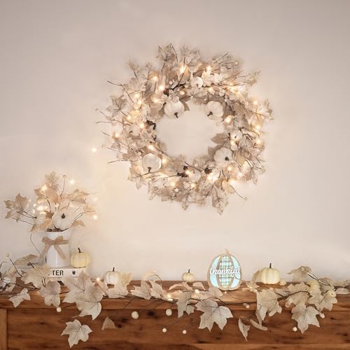 26 Inch Foldable Fall Wreath with Lights Timer