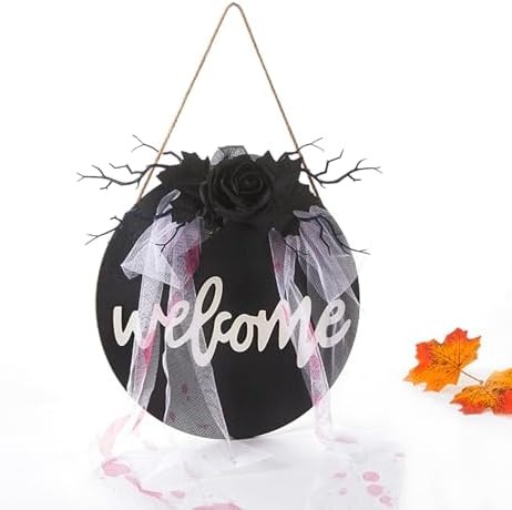 Halloween Welcome Sign Wooden Door Hanging Wreath