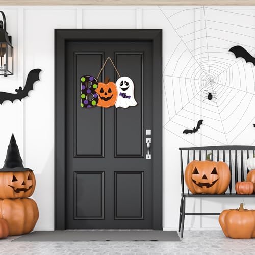 Halloween Wooden Door Hanger with Ghost and Pumpkin Design