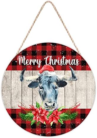 Farmhouse Door Hanger Christmas Cow Red Buffalo Plaid Wood Sign