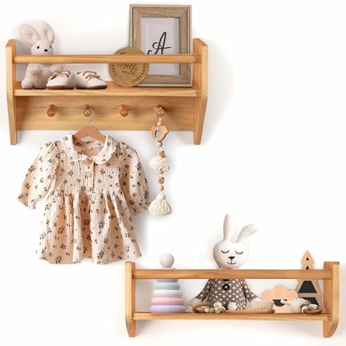 BINGY Wall Bookshelves with Hooks - 2 Tier Solid Wood