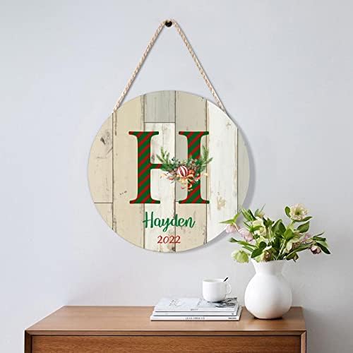 Custom Name Initial Farmhouse Door Hanger with Green Red Stripes