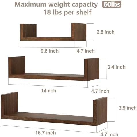 SRIWATANA Floating Wall Shelves Set of 3 Dark Brown