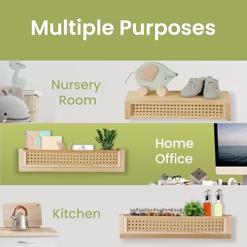 Good Bits Rattan Wall Shelf 3 Pack Floating Bookshelf