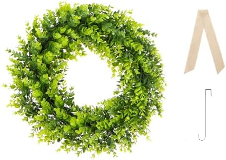 20-Inch Boxwood Wreath with Metal Hanger Burlap Ribbon