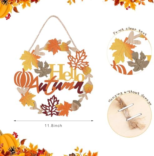 Hello Fall Sign Wooden Welcome Wreath for Front Door