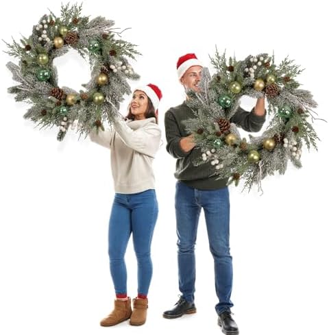 22-inch Snow Flocked Artificial Christmas Wreath with Gold Green Ornaments