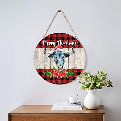 Farmhouse Door Hanger Christmas Cow Red Buffalo Plaid Wood Sign