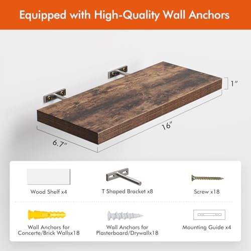 YUFLINX 16 Rustic Brown Floating Shelves Set of 4