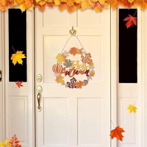 Hello Fall Sign Wooden Welcome Wreath for Front Door
