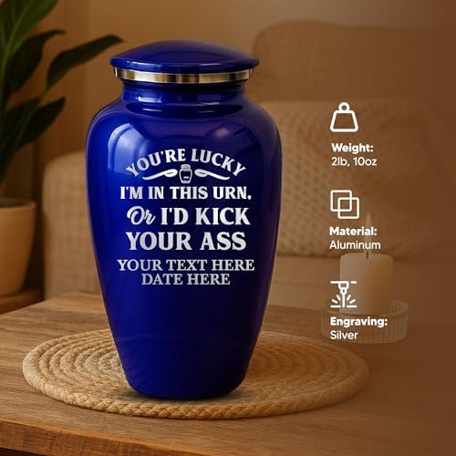 Custom Cremation Urn Metal Vessel Funny Personalized Design Purple