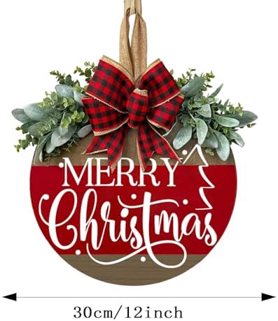 Red Plaid Christmas Welcome Door Sign with Deer and Snowflakes