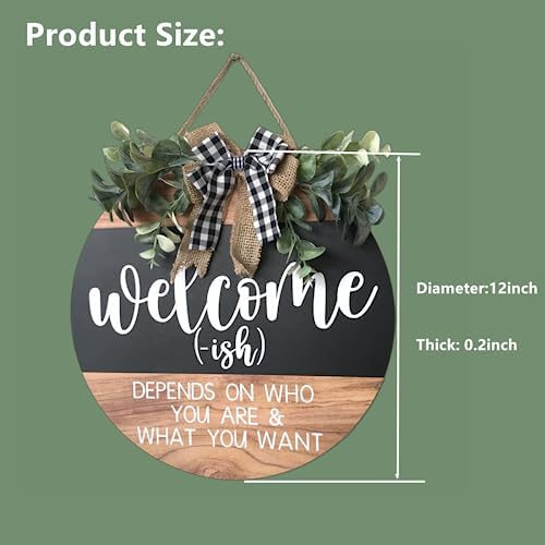 Welcome Sign for Front Door - Round Wood Wreath with Farmhouse Design