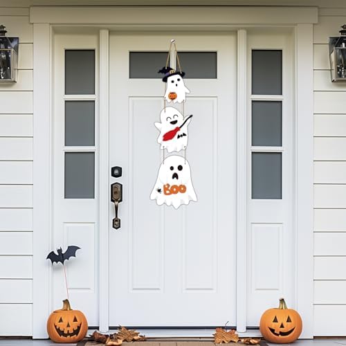 Cute Halloween Wreath with 3 Ghost Plaques Door Decor