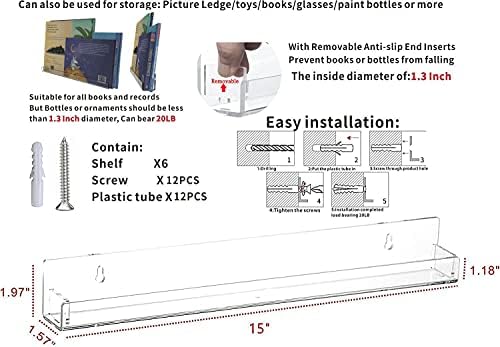 Cq Acrylic Invisible Clear Floating Bookshelf - 15 Wall Display Shelf Pack of 6