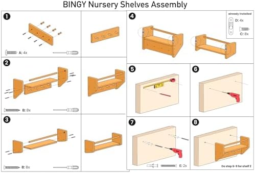 BINGY Wall Bookshelves with Hooks - 2 Tier Solid Wood