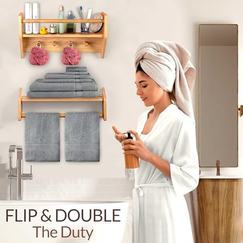 BINGY Wall Bookshelves with Hooks - 2 Tier Solid Wood