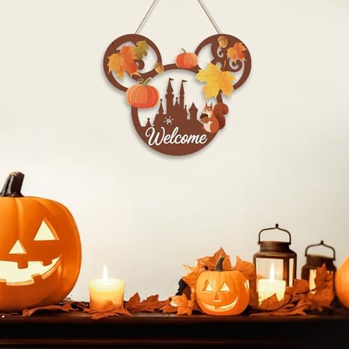 Welcome Fall Door Sign with Mouse Pumpkin Squirrel Hazelnut Maple Leaves