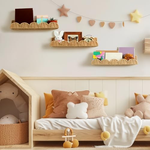 Pinkunn 4 Pcs Floating Rattan Bookshelves for Wall Mounting