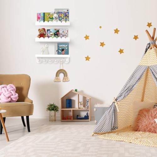Floating Nursery Book Shelves with Hooks Set of 3 White