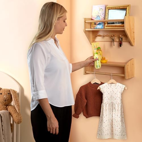 BINGY Wall Bookshelves with Hooks - 2 Tier Solid Wood