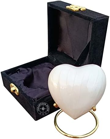 White Cremation Urn Heart with Brass Stand and Black Box