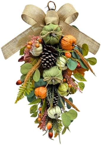 Harvest Teardrop Fall Wreath Decor with Pumpkins and Leaves