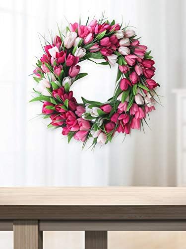 IUIBMI 20 Inches Artificial Door Wreath with Pink Tulips