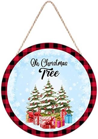 Farmhouse Front Door Hanger with Red Buffalo Plaid Wood Sign 10x10in