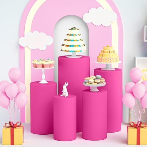 LEBENGURU 5Pcs Cylinder Pedestal Stand Covers Fushia Round Spandex