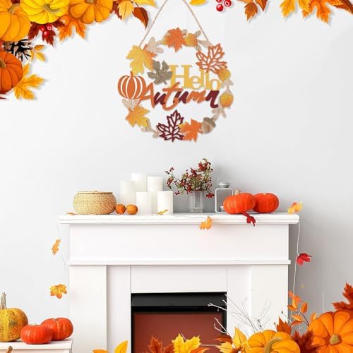 Hello Fall Sign Wooden Welcome Wreath for Front Door