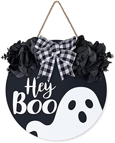 Black Halloween Wreath with Hey Boo Sign