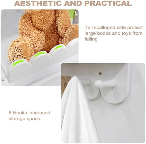Floating Nursery Book Shelves with Hooks Set of 3 White